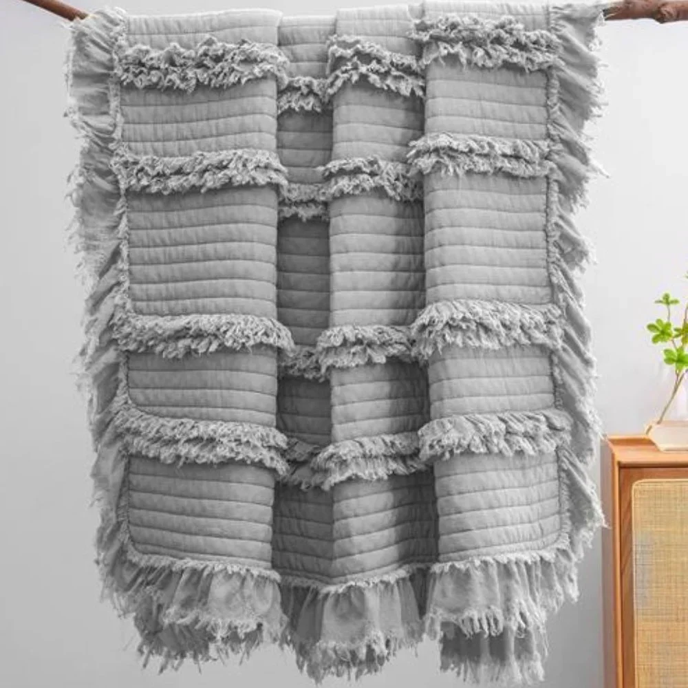 Farmhouse Throw Blanket Boho Cottage Decor Soft Decorative Grey Quilted Cover